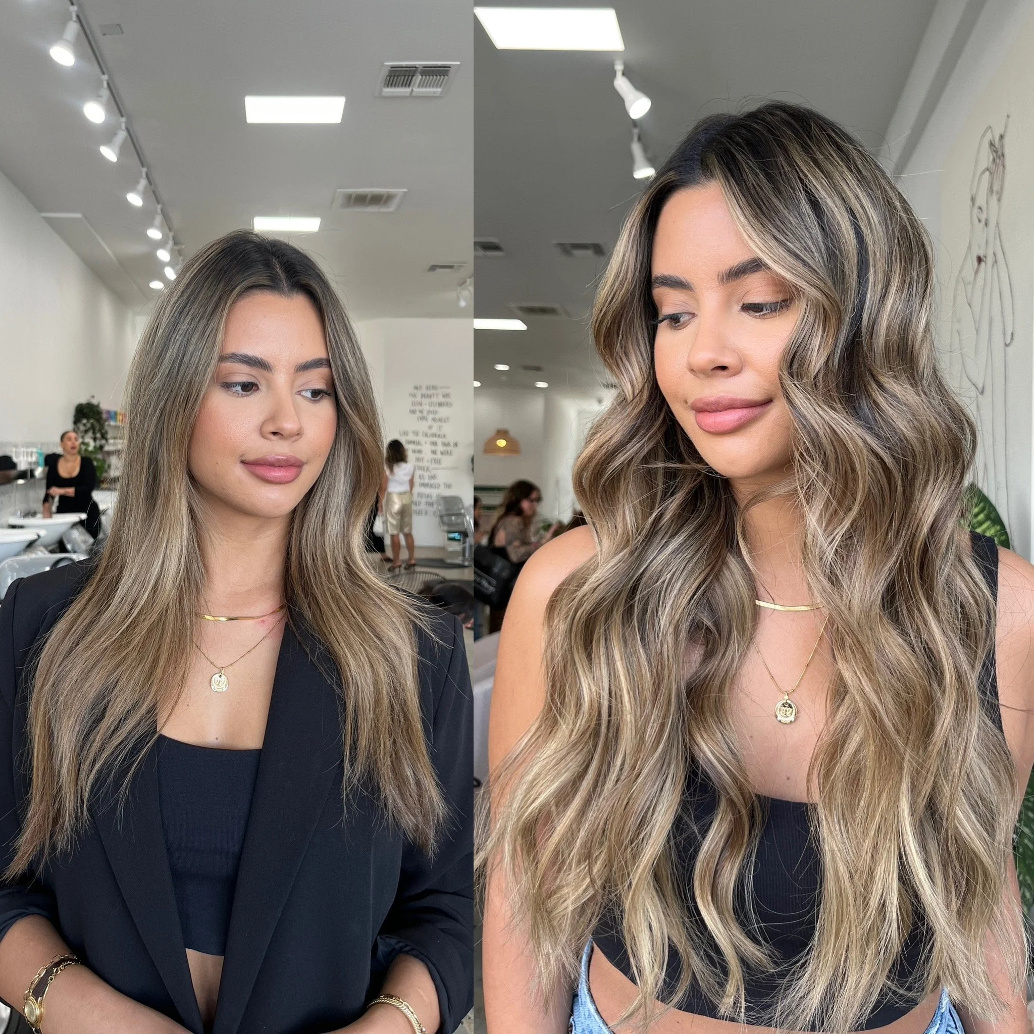 Side-by-side comparison of a young woman's hairstyle, before and after a salon treatment, showing her with long, wavy, blonde hair. In the before photo, she wears a black blazer and gold jewelry; in the after photo, she wears a tank top with denim straps and a gold necklace. The salon has white walls, track lighting, and is busy with other clients and staff in the background.