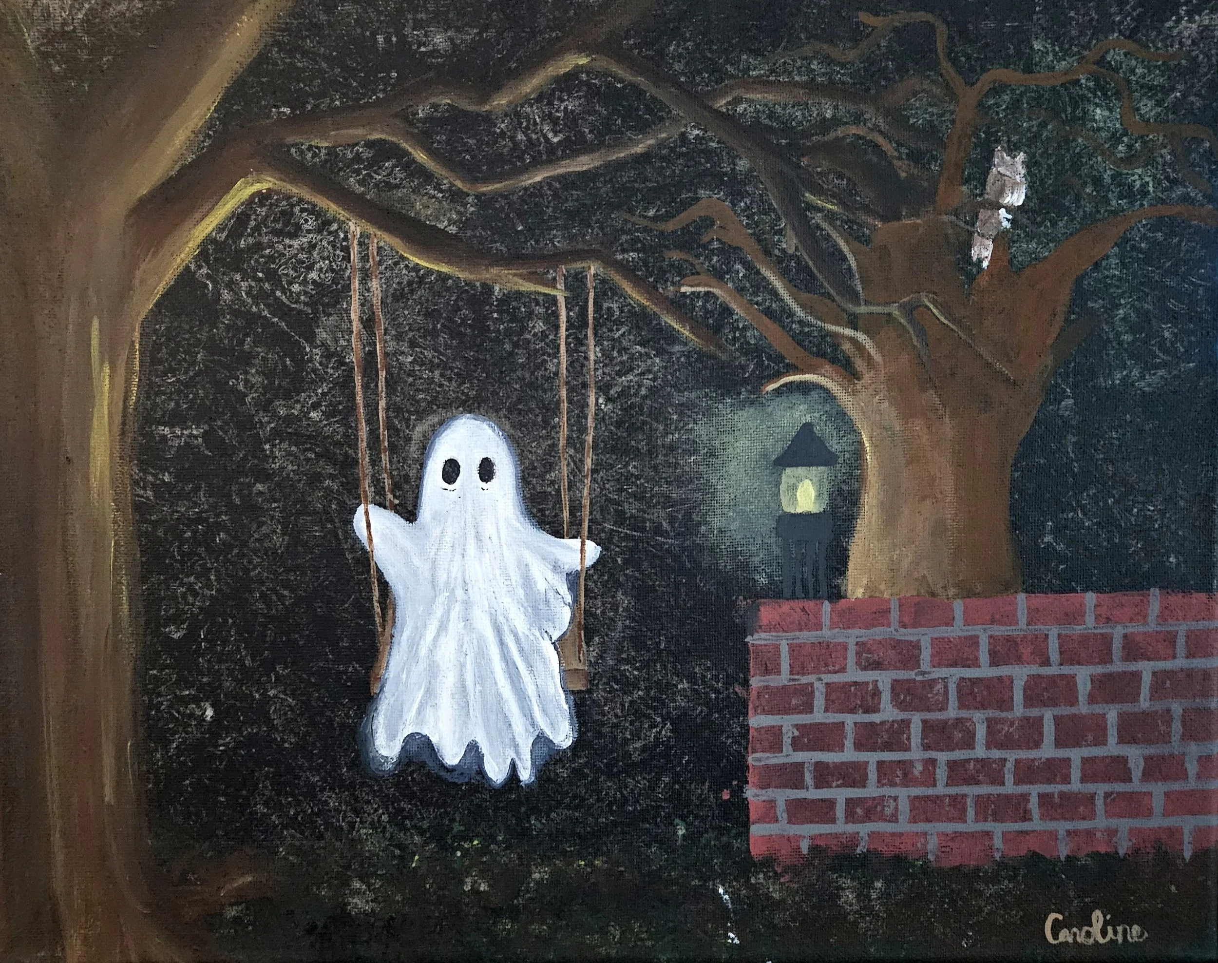Painting of a white ghost wearing a green hat, sitting on a swing hanging from a large tree with dark leaves, next to a brick wall with a lit lantern outside.