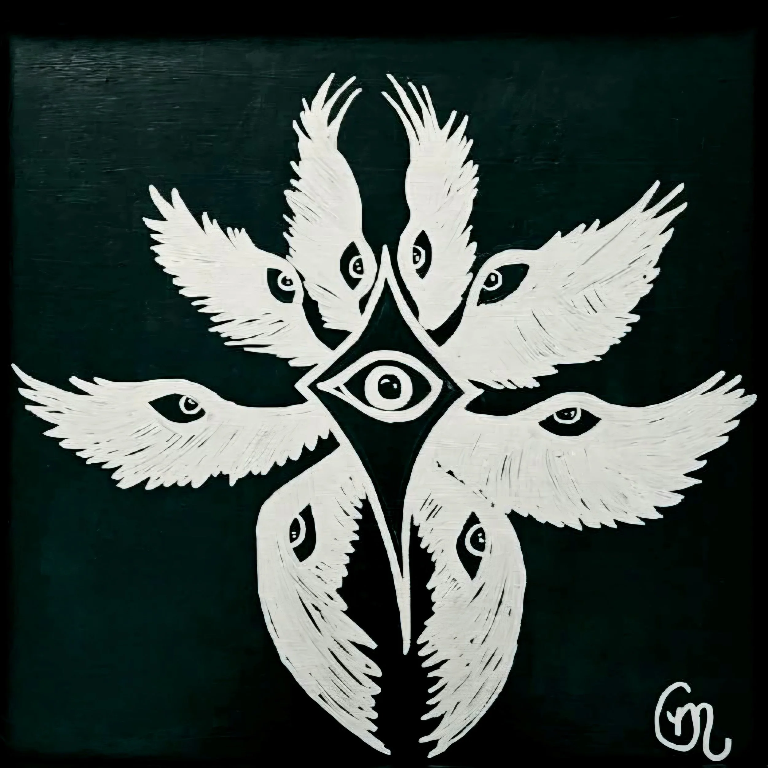 White seraphim with open wings and eye symbols on feathers, set against a dark background.