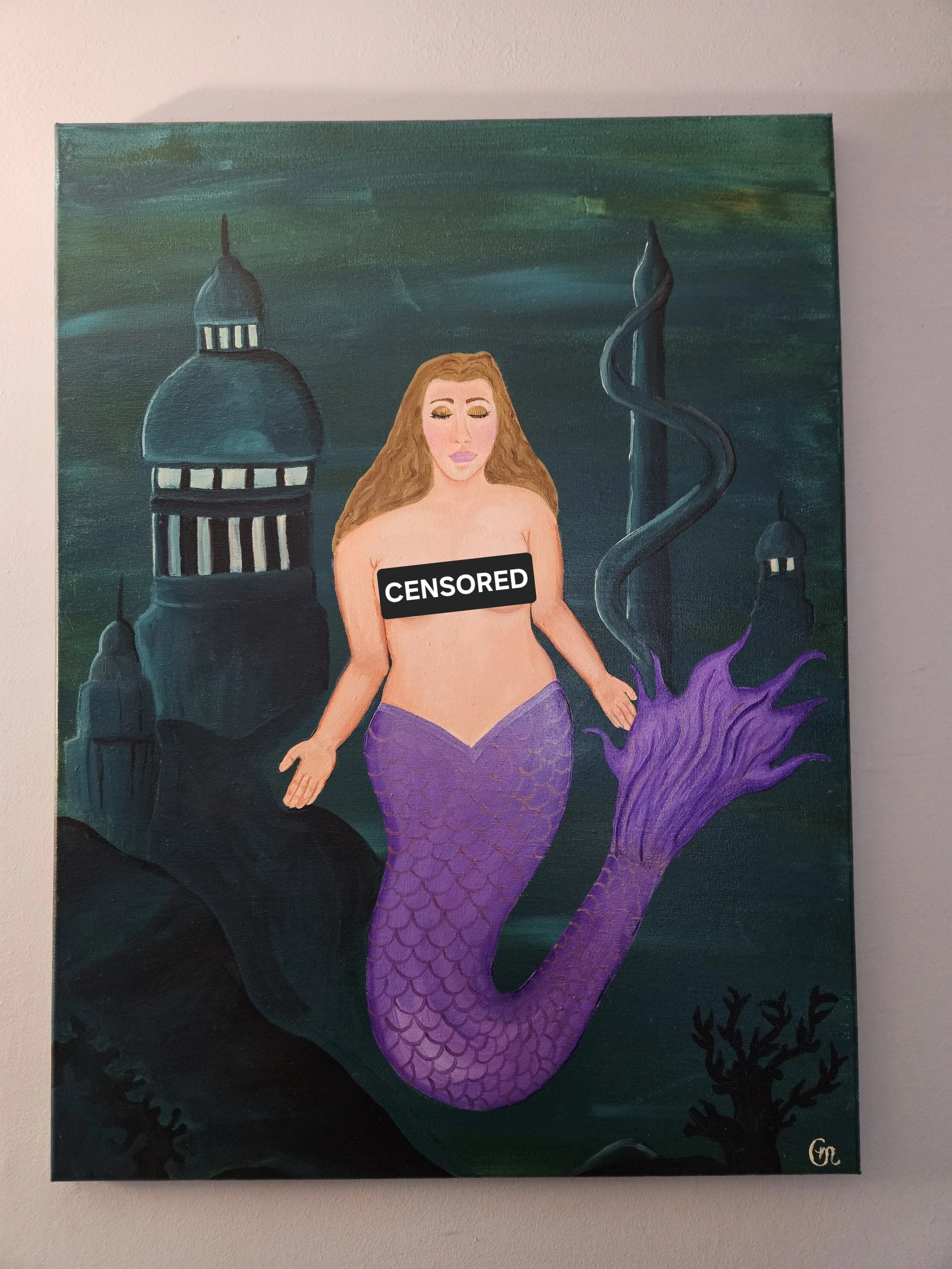 Mystical Mermaid Canvas with Oceanic Cityscape