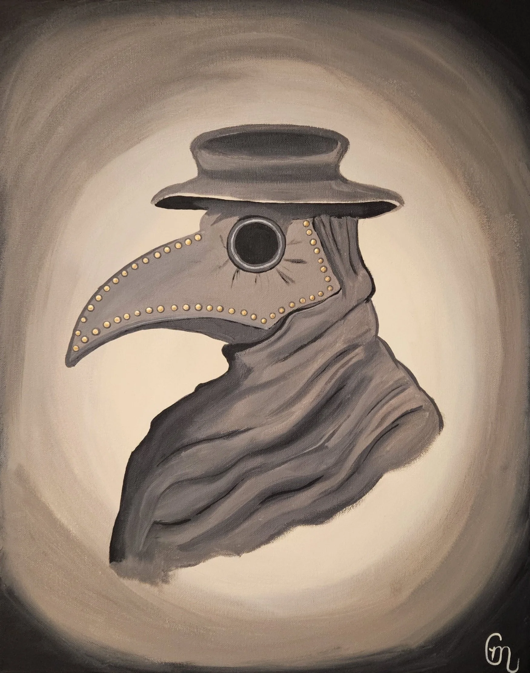 A painting of a person wearing a plague doctor mask, a wide-brimmed hat, and a cloak, with a dark background and a soft gradient.