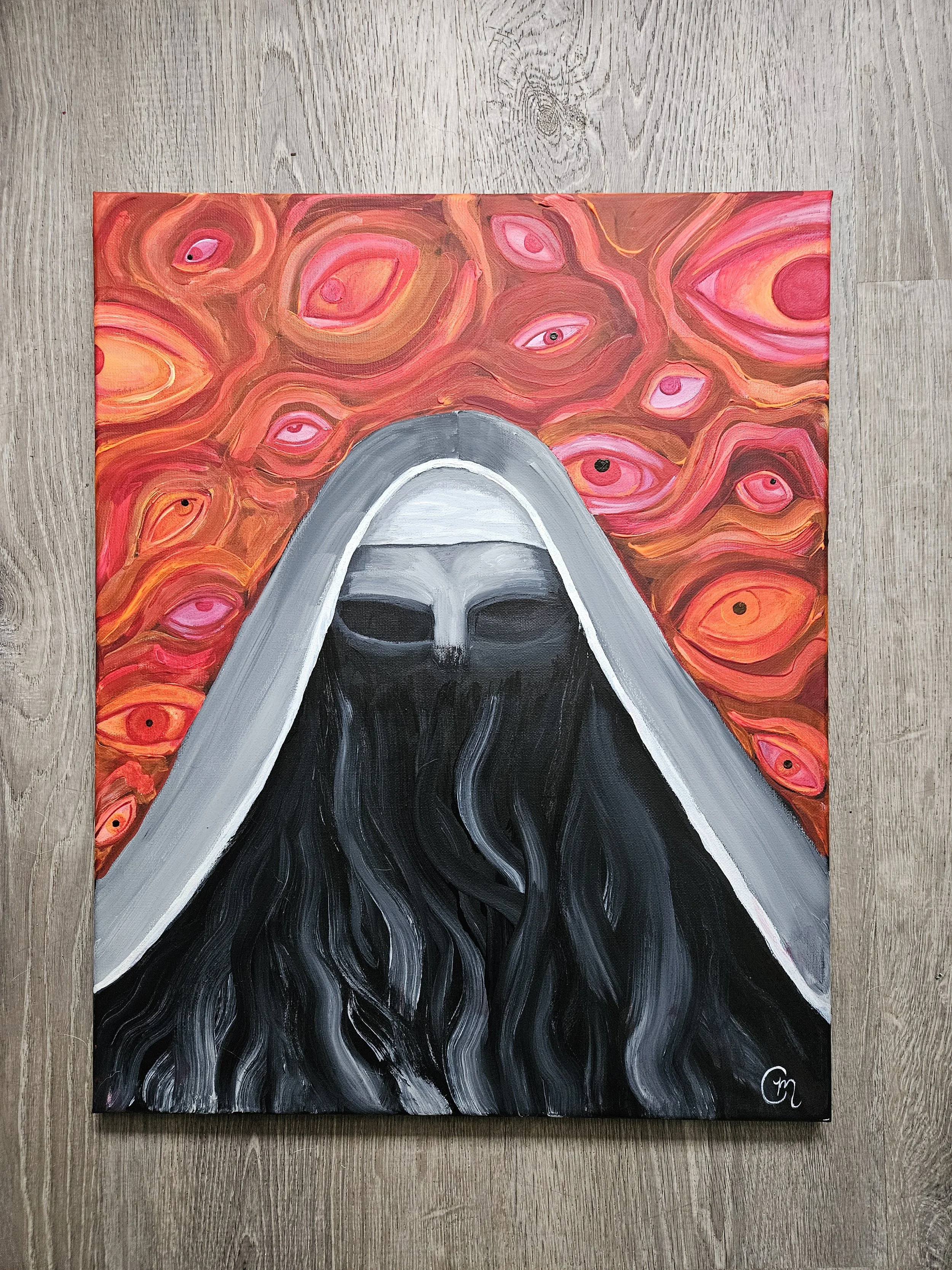 Creepy Nun with Wandering Eyes Original Canvas Painting