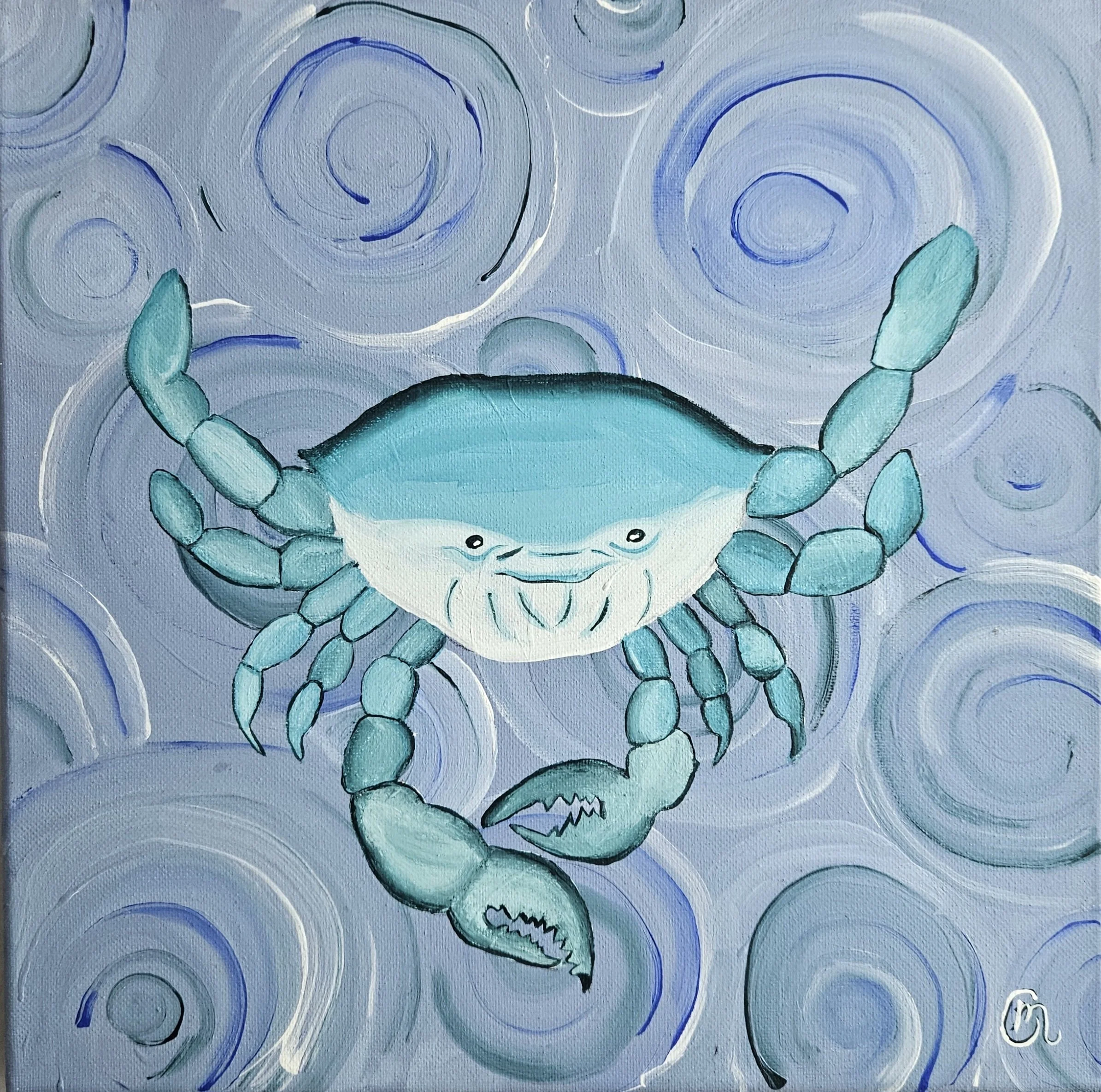 Painting of a blue crab with swirling blue and white background.