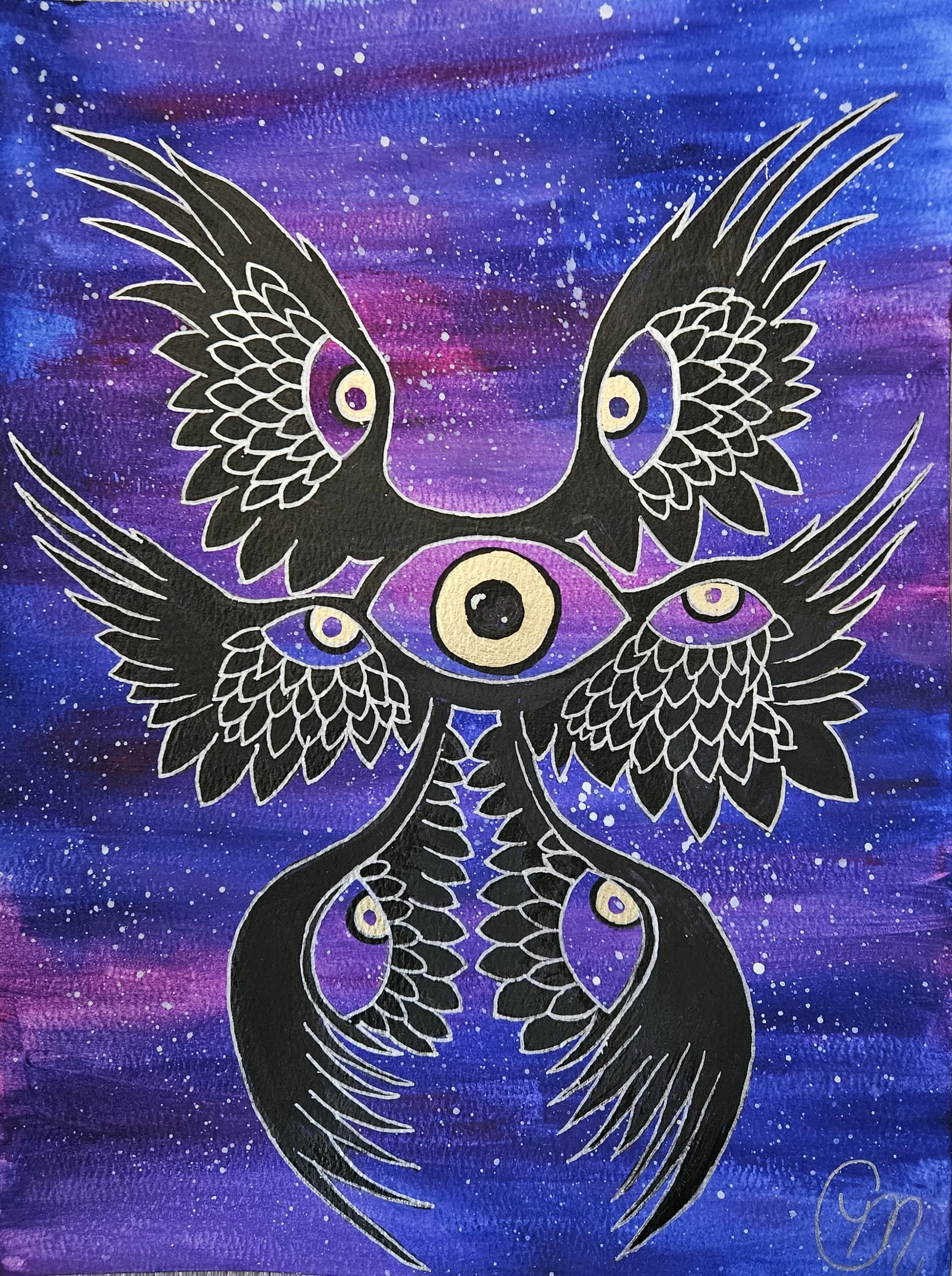 A stylized illustration of seraphim with intricate patterns, set against a cosmic, galaxy-like background with stars and nebulae in purple, blue, and pink hues.