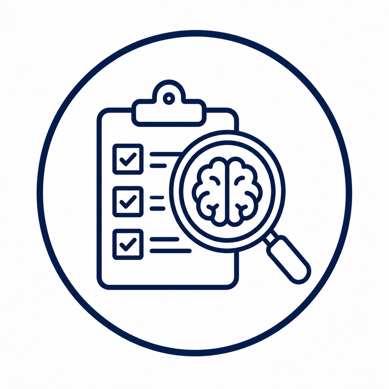 A clipboard with checkmarks and a list, with a magnifying glass showing a brain symbol, representing mental health or psychological assessments.