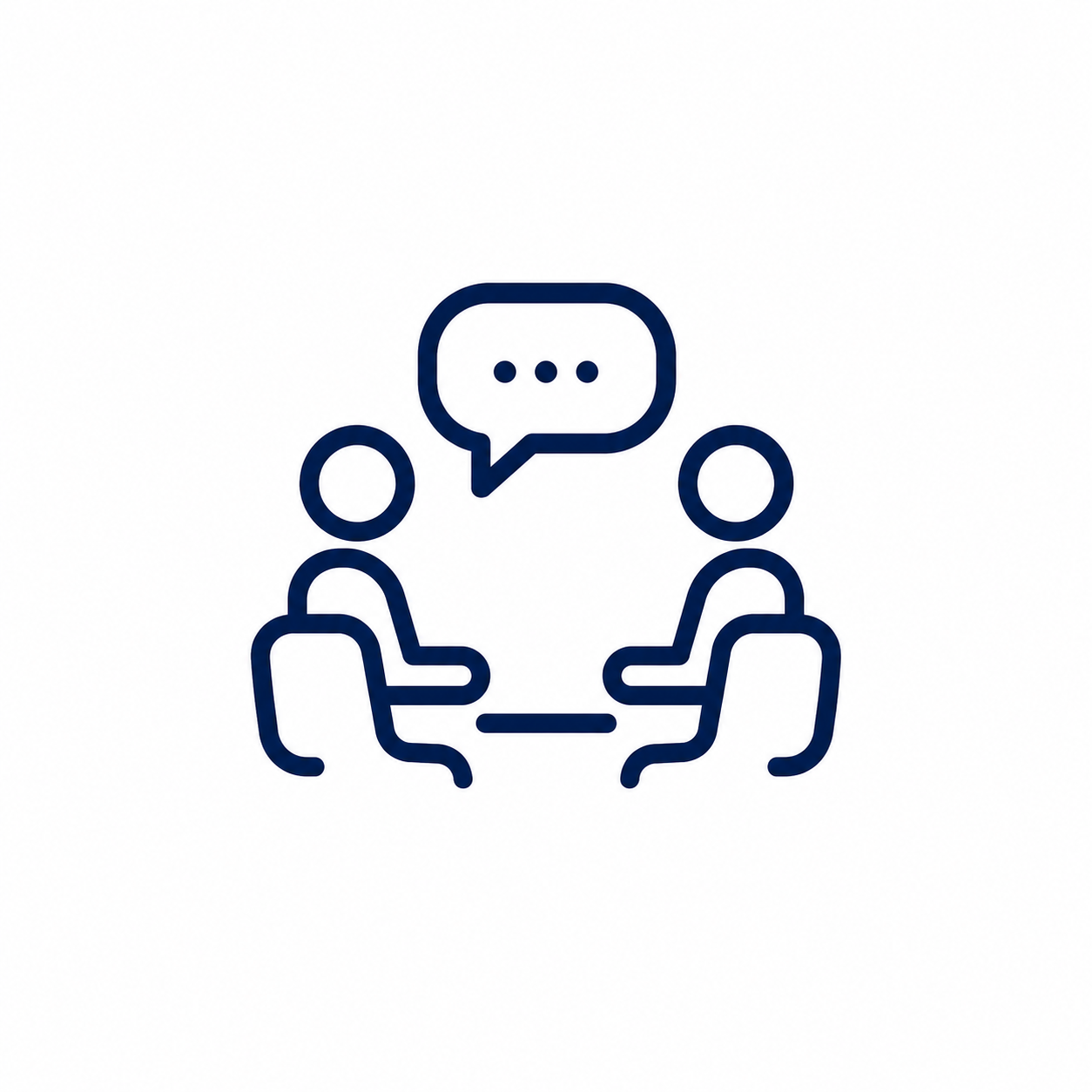 Outline icon of two people sitting across from each other with a speech bubble.