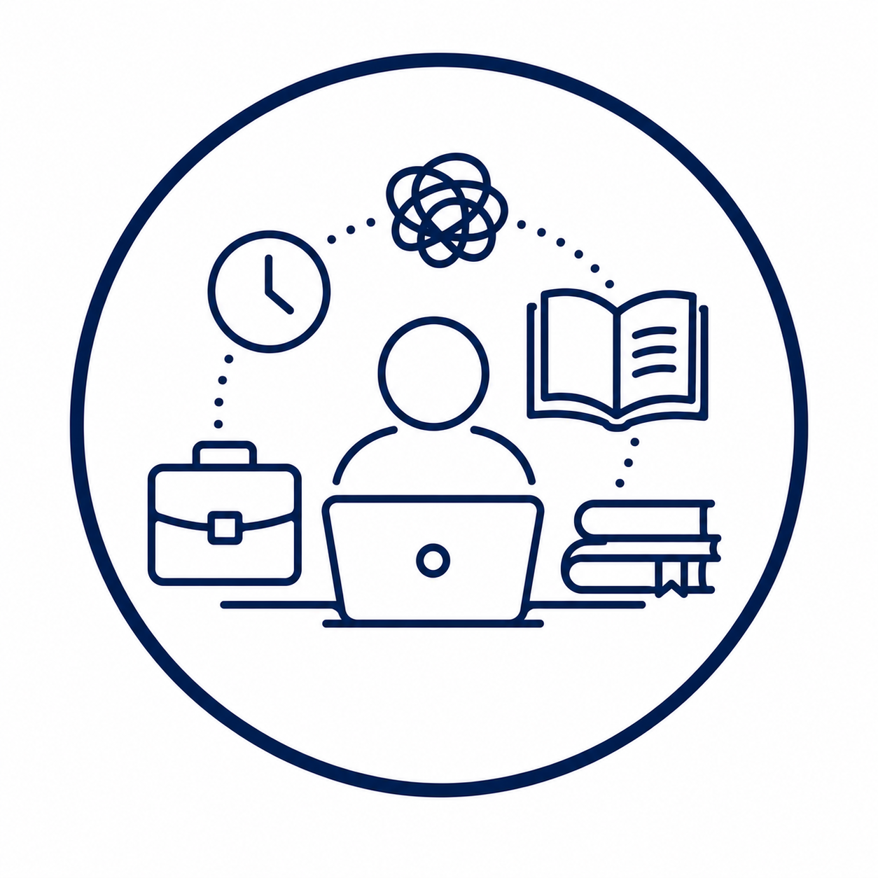 Outline of a person working on a laptop with a briefcase, books, a clock, a tangled ball of lines, and an open book around them.