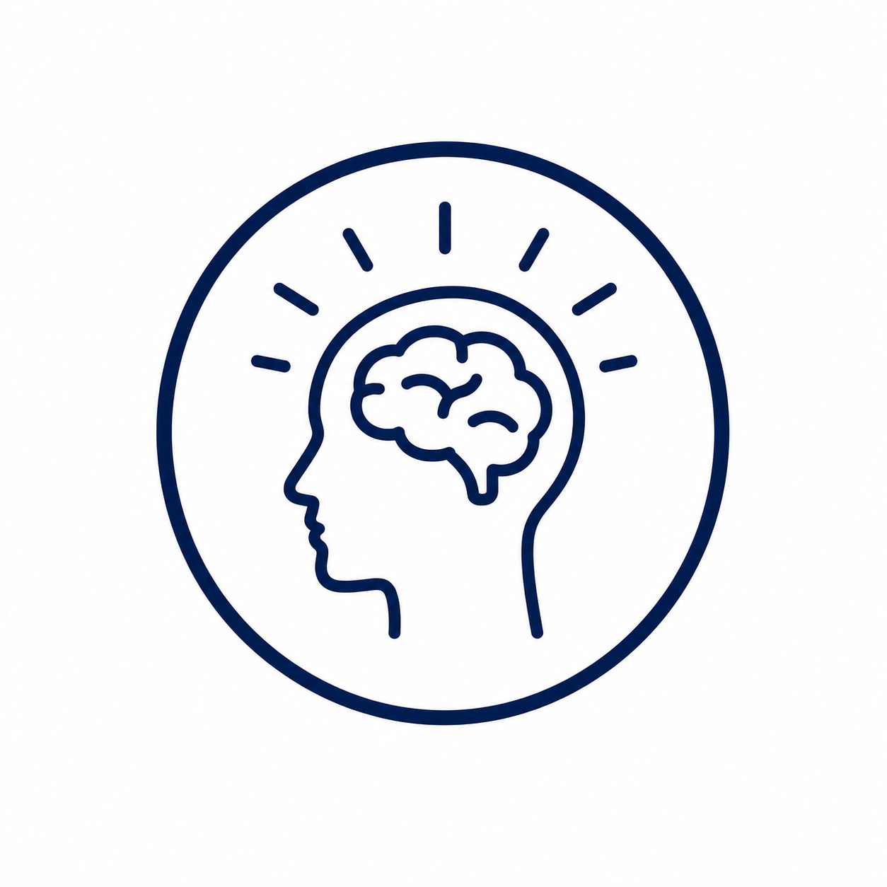 Line drawing of a human head in profile with a brain inside, radiating lines around the head indicating thinking or awareness, set within a circle.