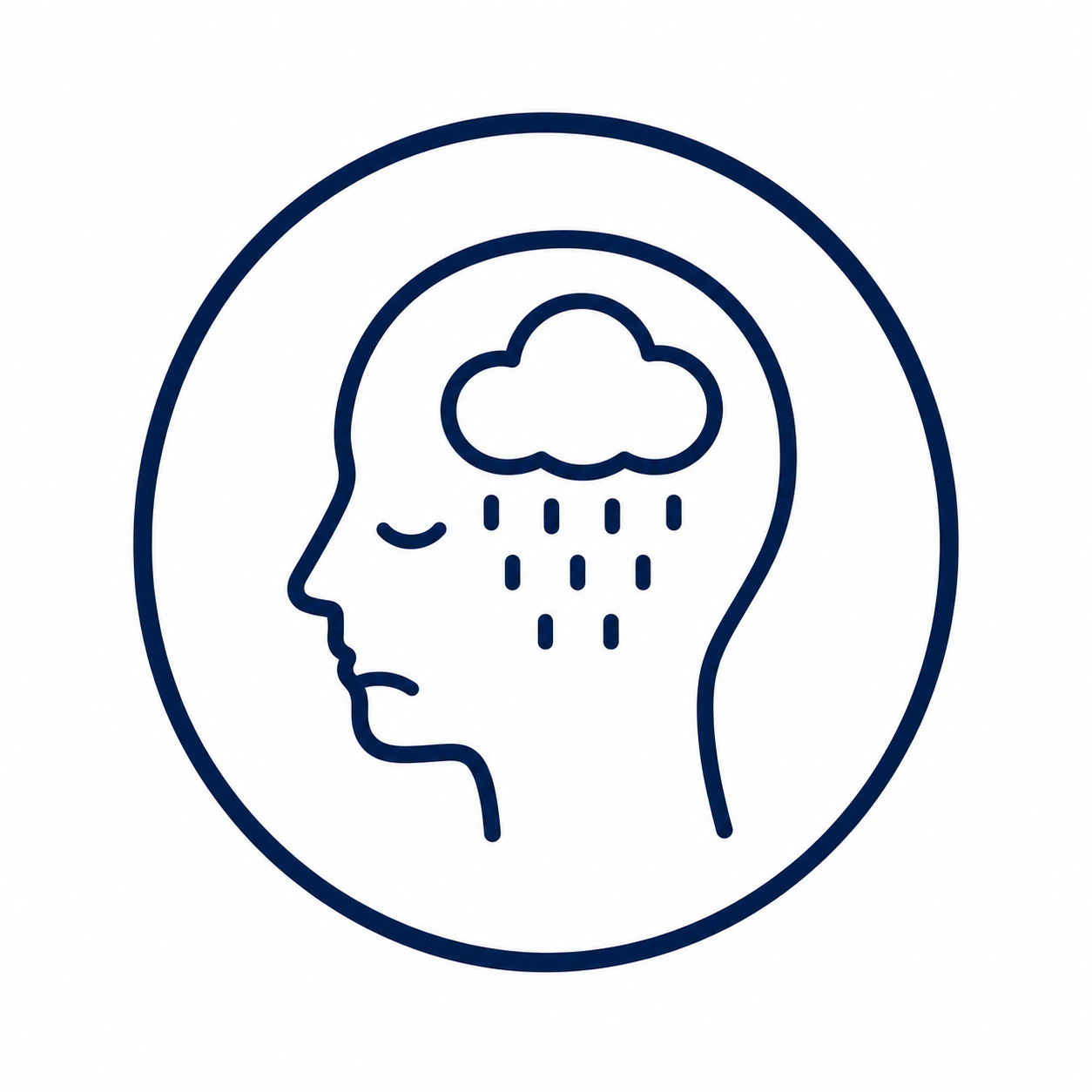 Line drawing of a person's profile with a cloud and rain inside the head, representing feeling down or sad.