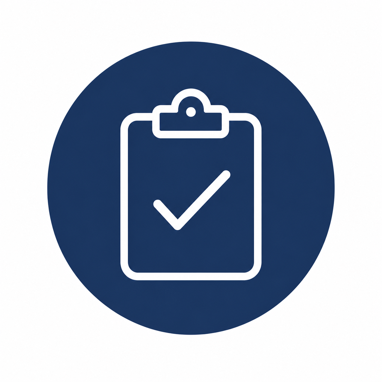 Icon of a clipboard with a checkmark inside it, on a dark blue circular background.