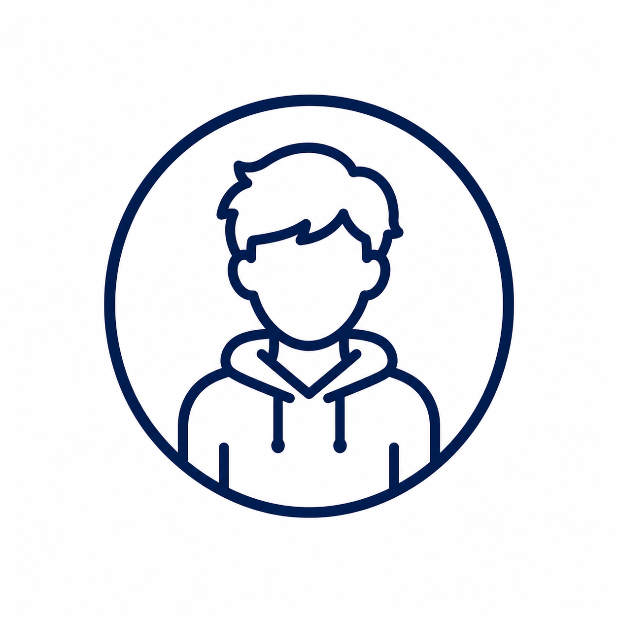 Line drawing of a person with short hair wearing a hoodie, inside a circle.