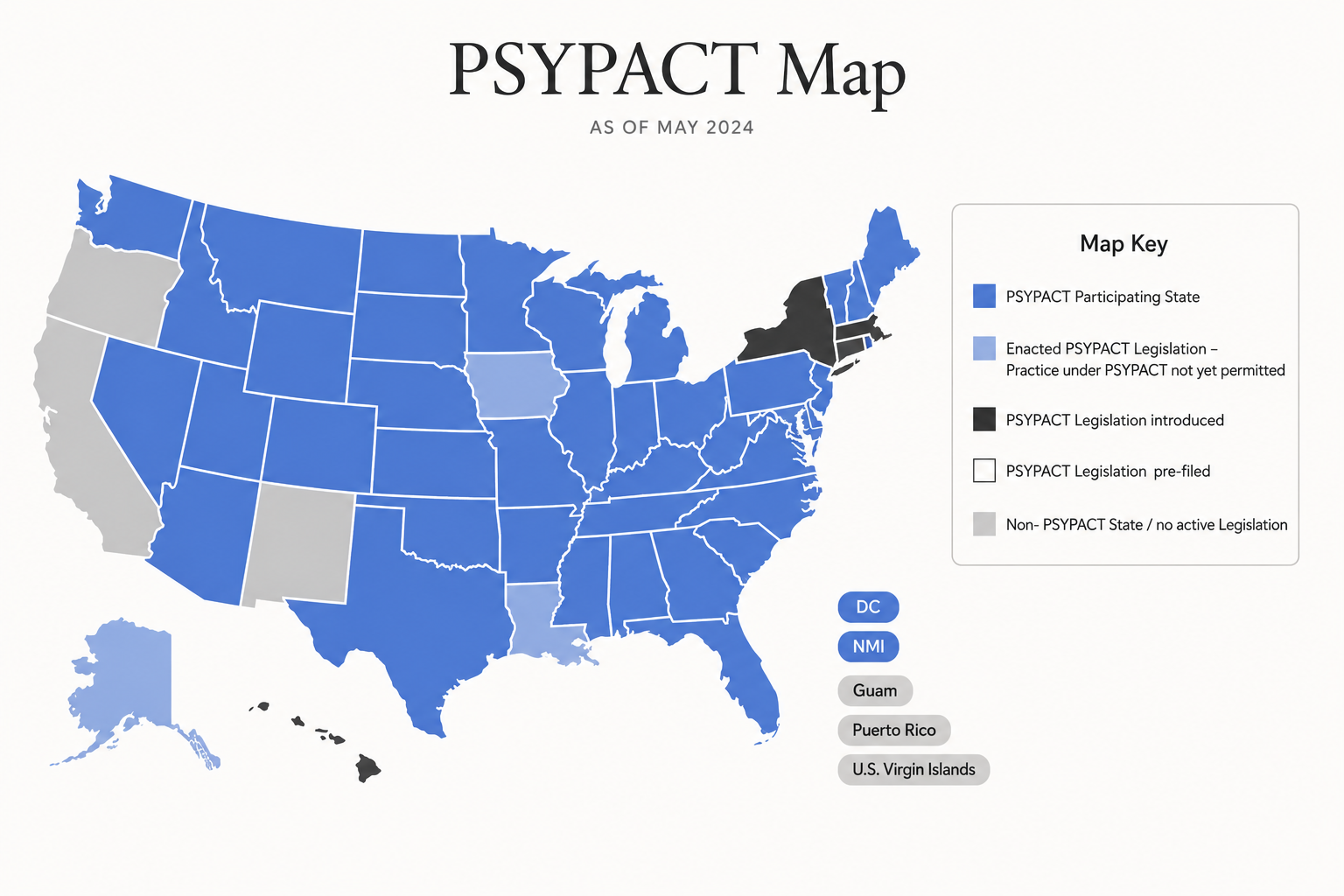 Map of the United States showing states with PSYPACT legislation as of May 2024. Most states are in blue, indicating participation or enacted legislation; some states are in gray indicating no active legislation; and a few in black showing PSYPACT legislation introduced. The map key explains the color codes and includes additional locations like Guam, Puerto Rico, U.S. Virgin Islands, along with D.C. and NMI.