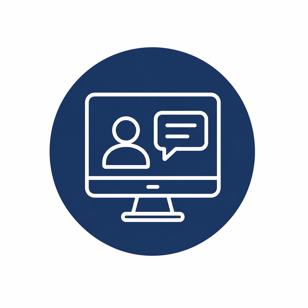 Icon of a computer monitor with a person and speech bubble, representing online chat or virtual communication.