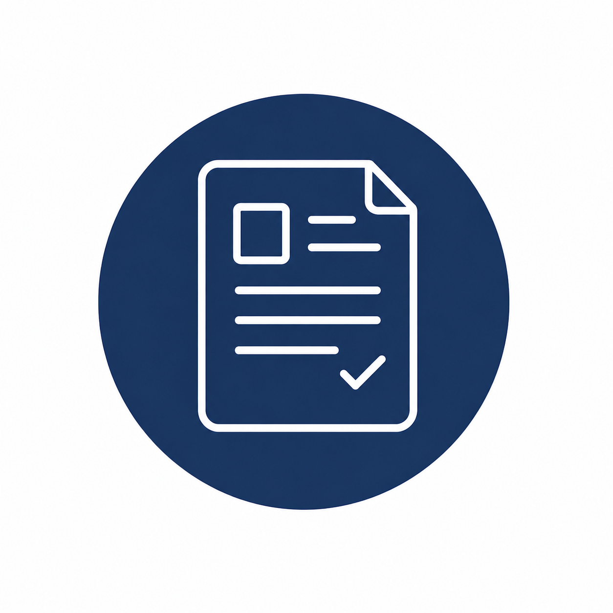 Icon of a document with a checkmark inside a blue circle.