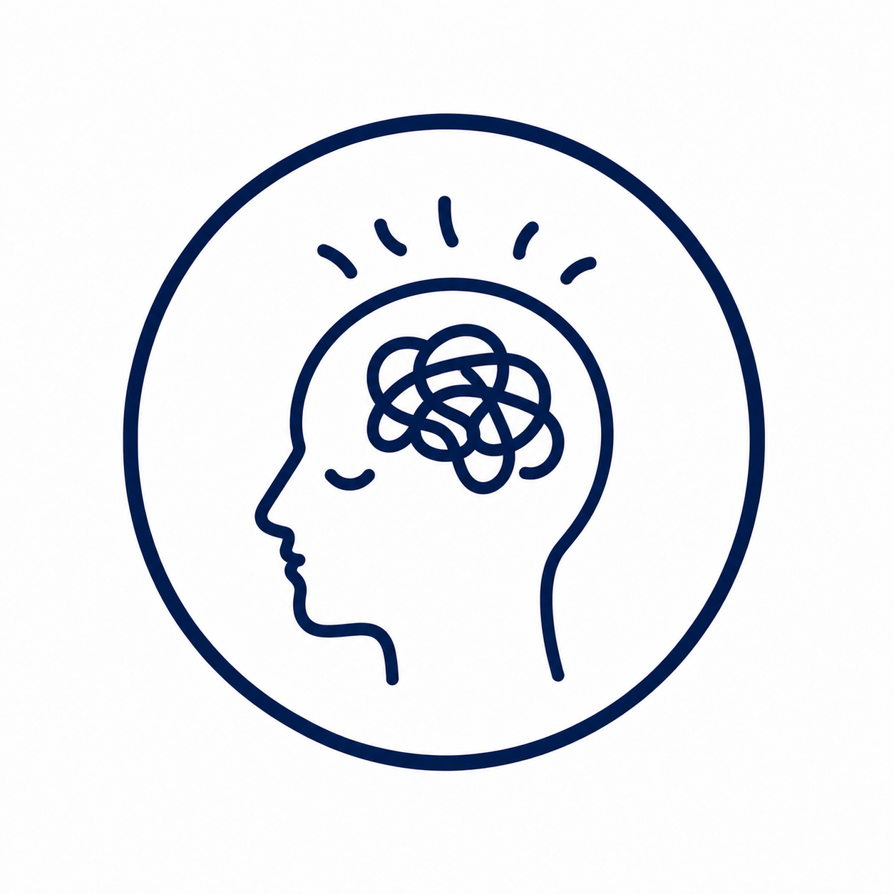 Line drawing of a person's side profile with a tangled scribble inside the head, surrounded by lines indicating thinking or mental activity.