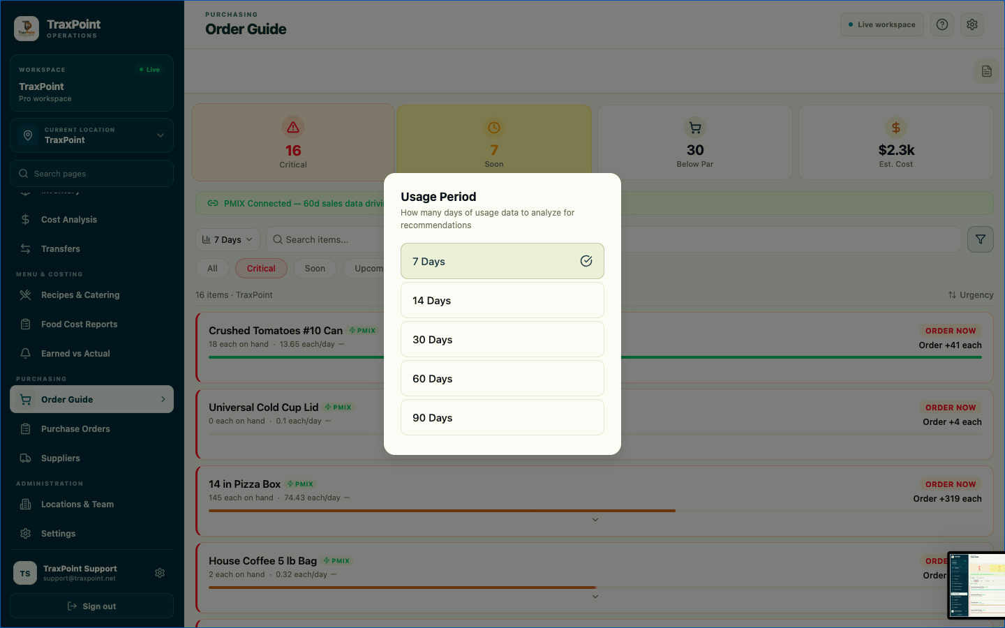 TraxPoint Order Guide usage period