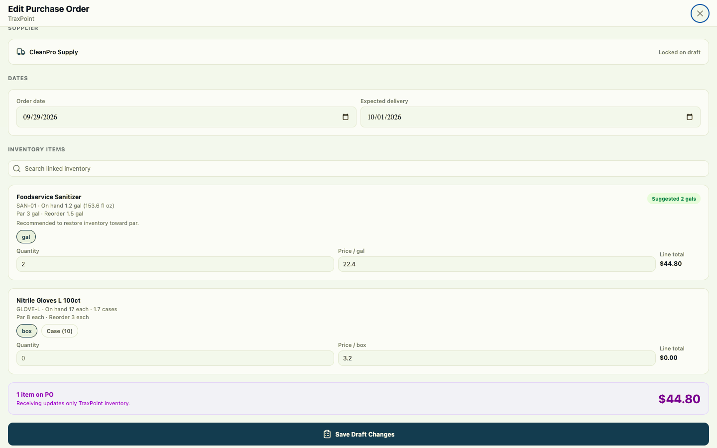 TraxPoint Edit Purchase Order