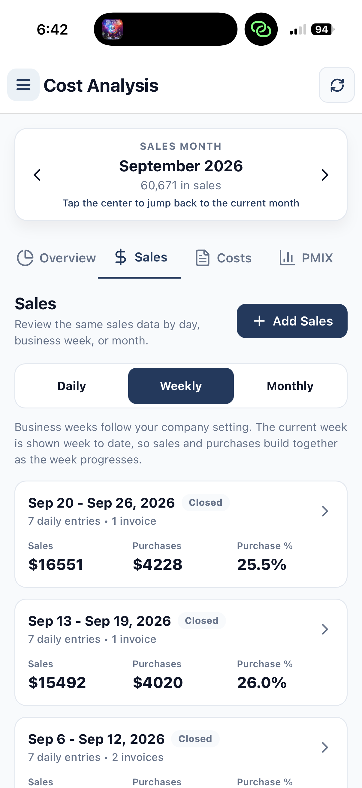 TraxPoint mobile Cost Analysis sales view