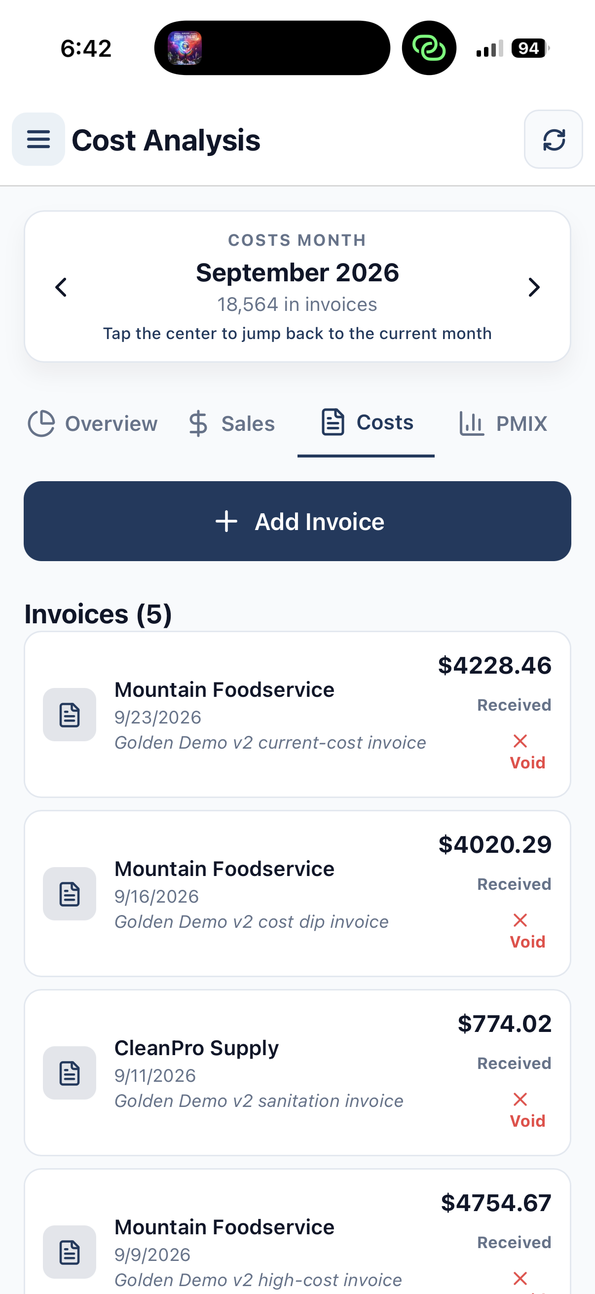 TraxPoint mobile Cost Analysis invoice view
