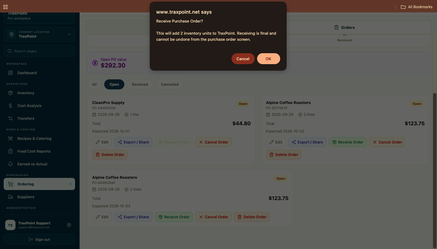 TraxPoint receive purchase order confirmation