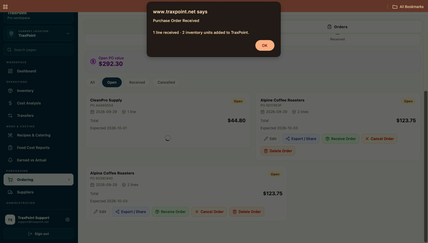 TraxPoint purchase order received