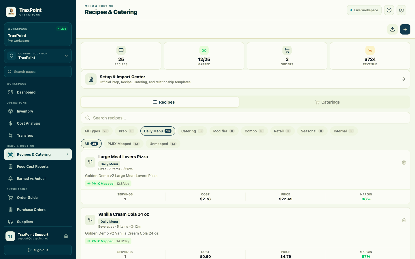 TraxPoint Recipes and Catering overview