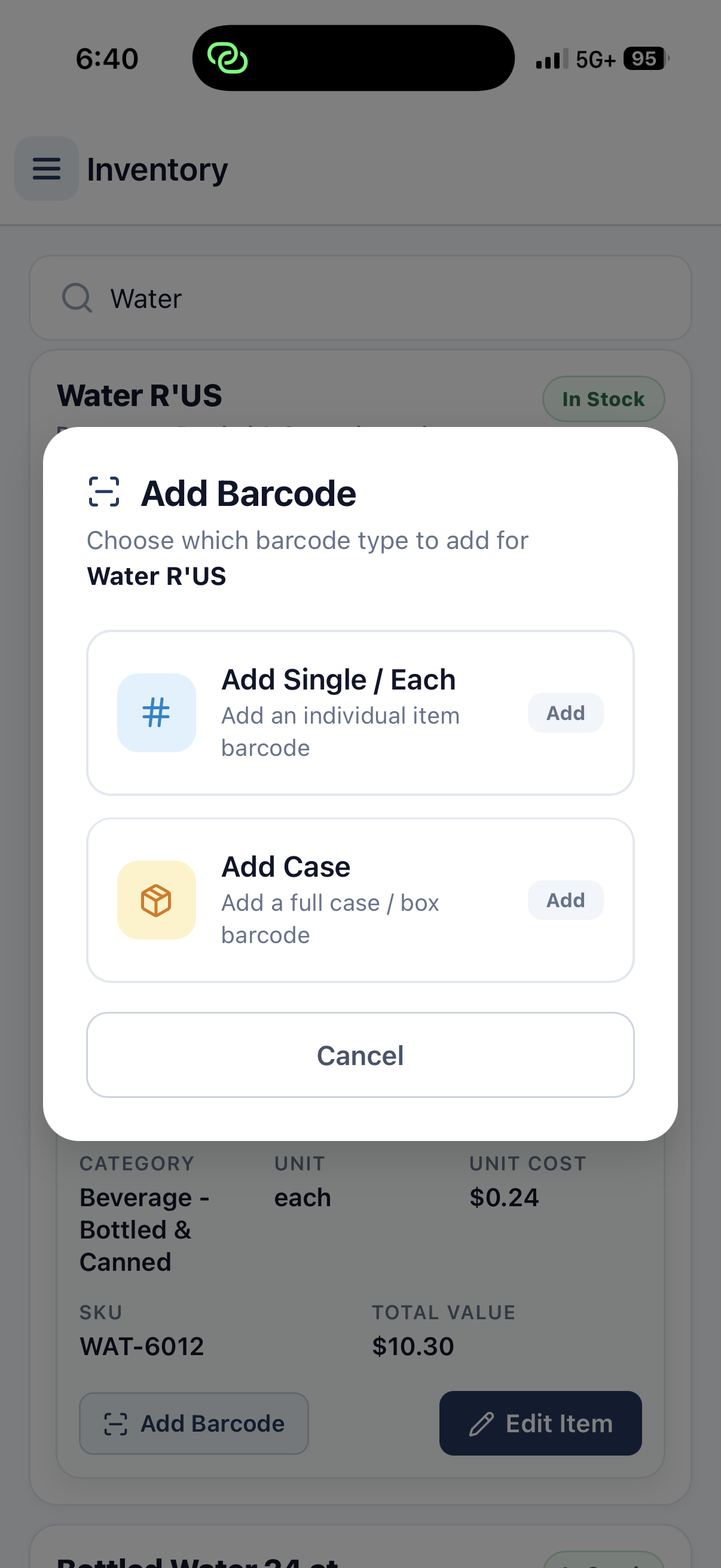 TraxPoint add barcode modal for single item or case