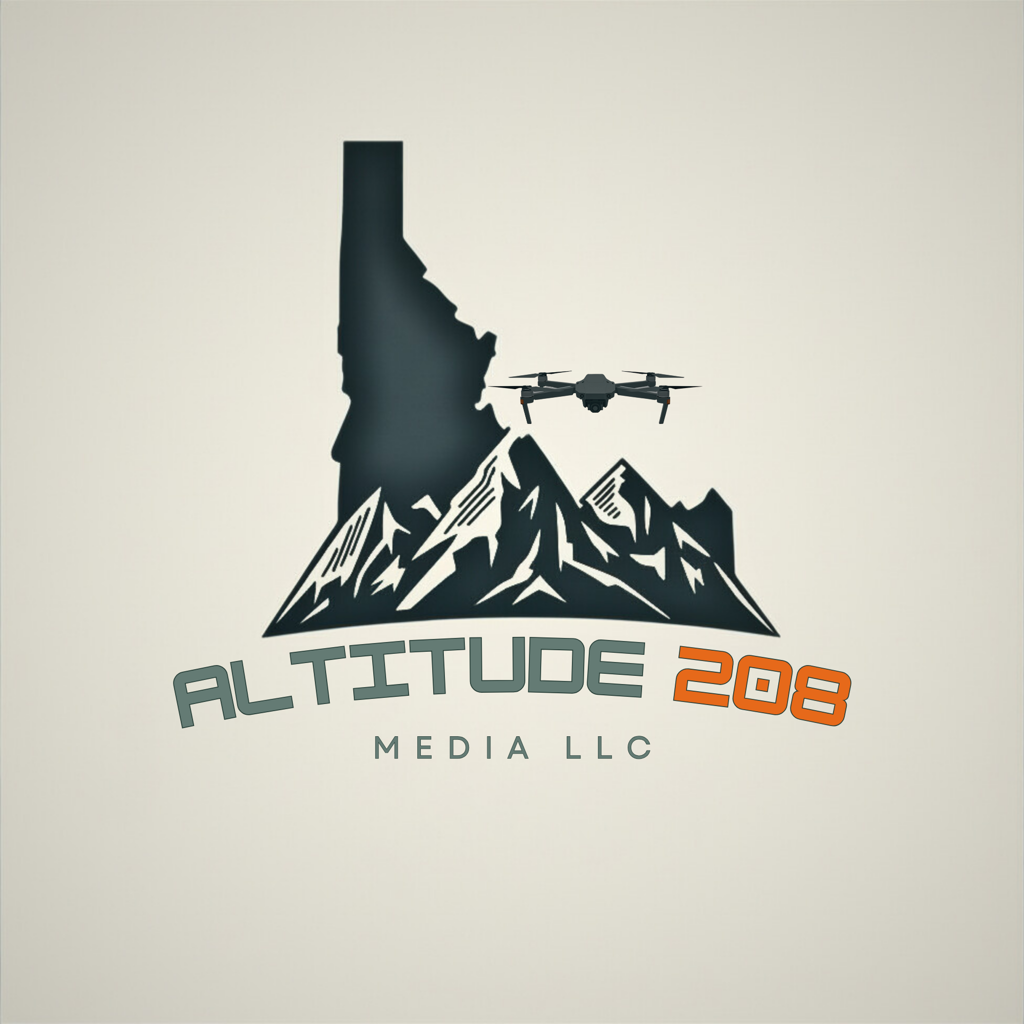 Logo for Altitude 208 Media LLC featuring a mountain silhouette, a drone, and the company name.