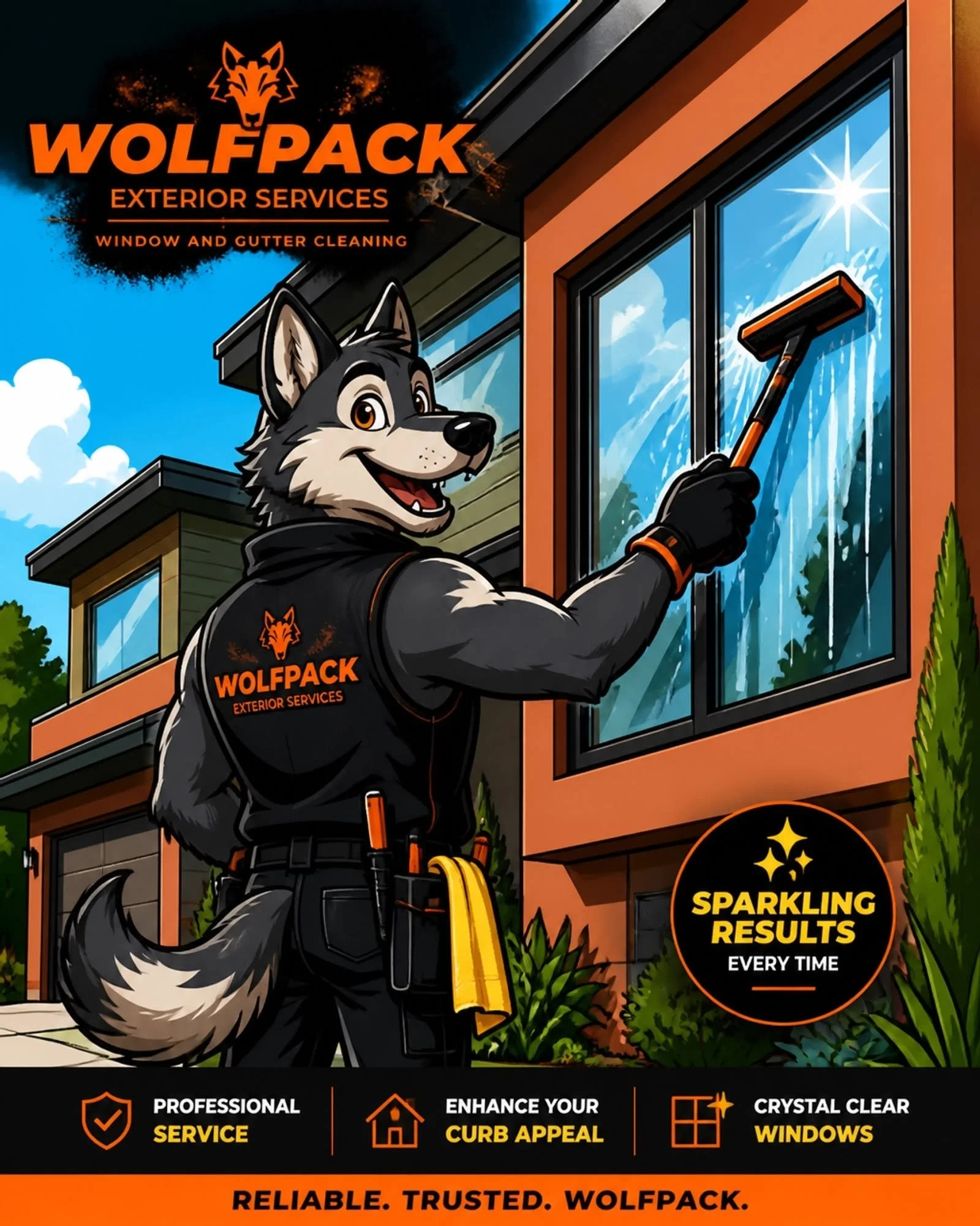 Illustration of a wolf mascot wearing a black vest with the words 'Wolfpack Exterior Services' and a wolf logo, cleaning a large window with a squeegee on a modern house, with the text 'Sparkling Results Every Time' and promotional icons for service, curb appeal, and window cleaning.