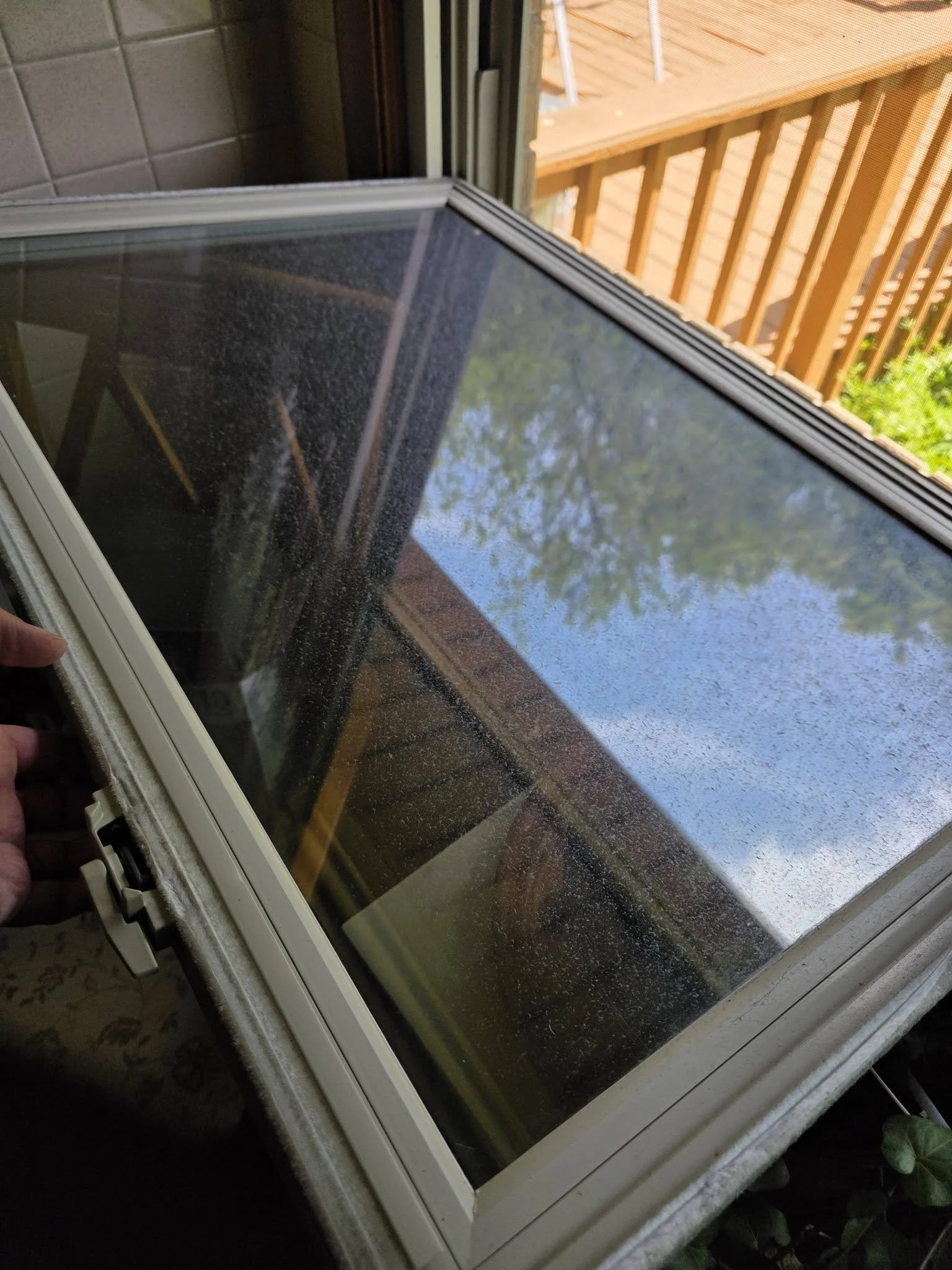 Close-up of a dirty glass window with a white frame