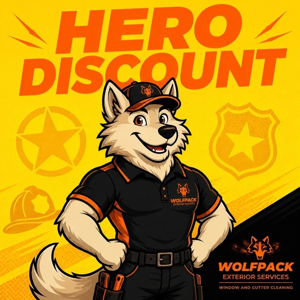 A cartoon wolf mascot wearing a black and orange uniform and cap, promoting Hero Discount and Wolfpack Exterior Services, window and gutter cleaning, set against a yellow background with service icons and wolf logo.