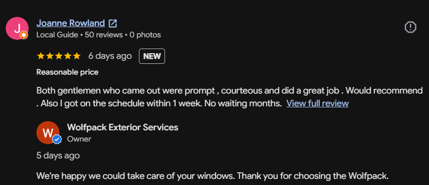 Screenshot of a Google review page with reviews for Joanne Rowland and Wolfpack Exterior Services, praising prompt service and quality work.