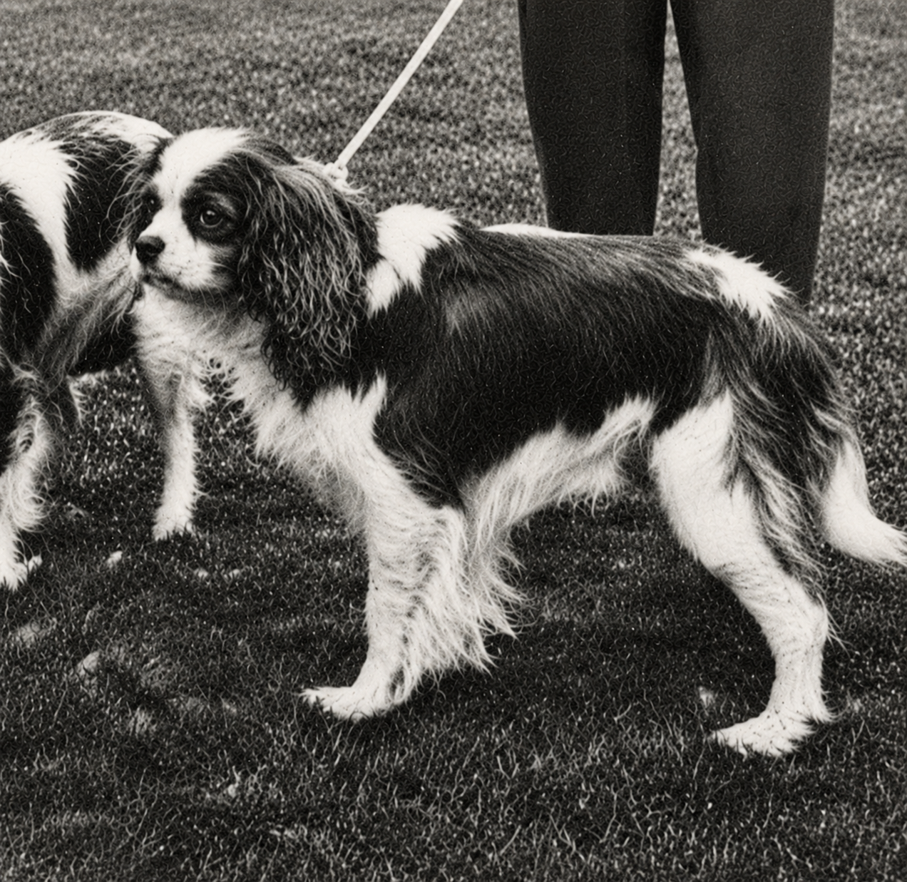 A black and white photo of a dog with long ears and a white band on its back, standing on grass with a leash attached to its collar, and a person's legs visible in the background.