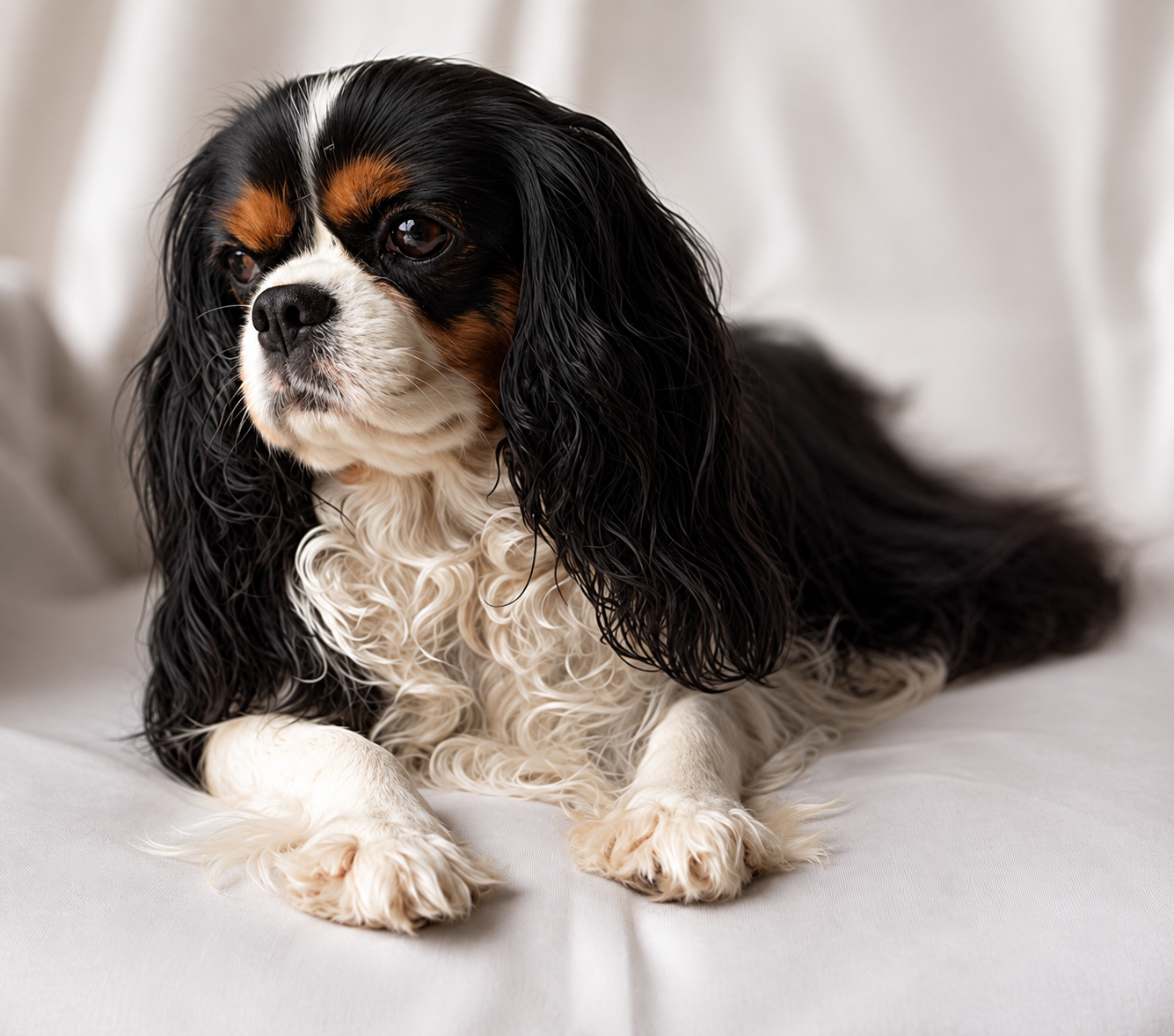 A close-up of a Cavalier King Charles Spaniel dog with long black, white, and brown fur, resting on a light-colored surface with a neutral background.