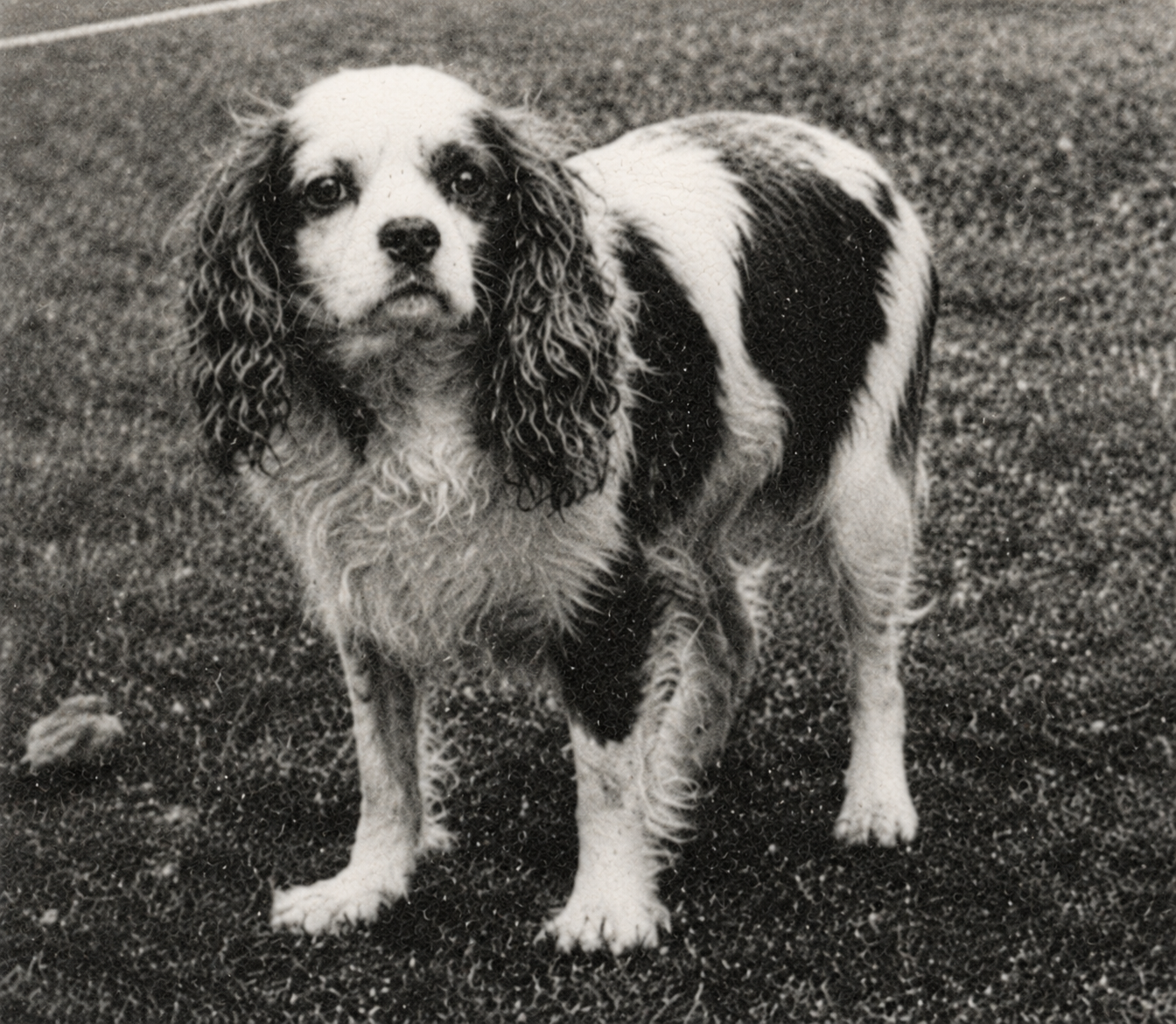 A black and white photograph of a Cocker Spaniel dog standing on grass.