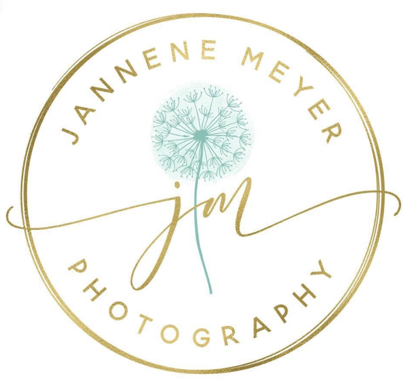 A circular logo with a gold outline and gold text that reads "JANNENE MEYER PHOTOGRAPHY." In the center, there is a light blue dandelion illustration with some seeds blowing away.