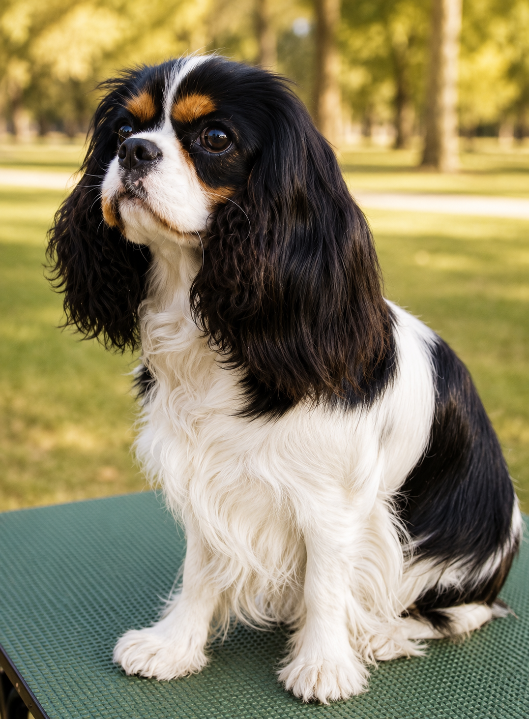 Pediatric Cavalier King Charles Spaniel dog sitting on a textured green mat outdoors in a park with trees and grass in the background.
