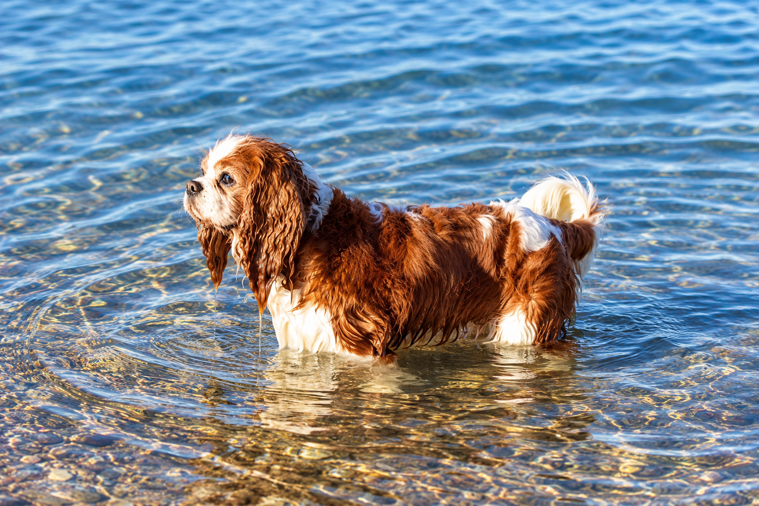 Blenheim Cavalier King Charles Spaniel in Water