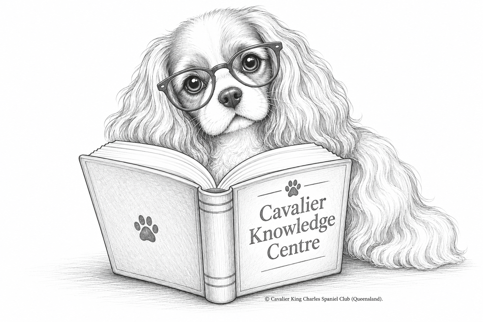 Black and white sketch of a Cavalier King Charles Spaniel dog wearing glasses, sitting behind an open book labeled 'Cavalier Knowledge Centre' with paw print symbols.