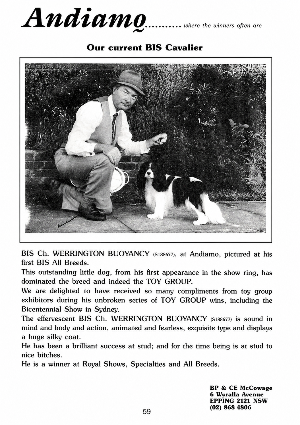 Black and white photograph of a man in a hat and overalls squatting next to a small, long-haired dog on a leash, with a background of bushes and a brick wall. There is a newspaper-like layout with text about the dog and its achievements.