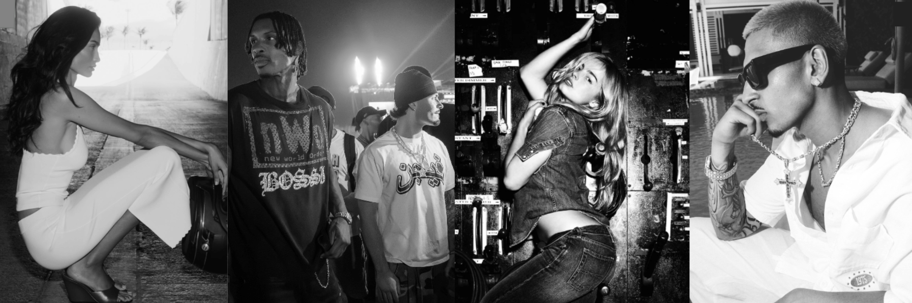 A collage of four black and white photographs featuring women in various poses and styles, with two images showing women in trendy attire, one showing a woman in a casual setting, and one showing a woman posing against an industrial background.