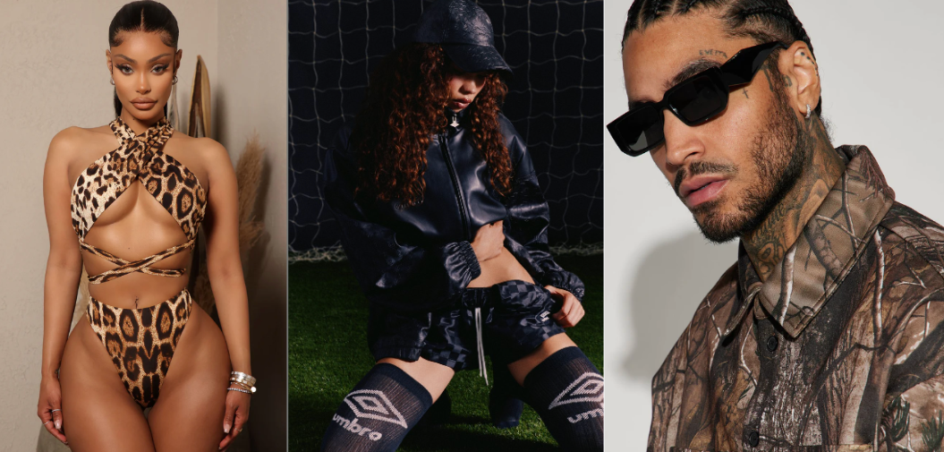Three people posing in different outfits and settings. The first woman is in a leopard-print swimsuit with cut-outs, standing indoors. The second woman is dressed in a black shiny athletic jacket and shorts, sitting on a grass field near a net. The man is wearing sunglasses, a camouflage-patterned shirt, and has tattoos, standing indoors.