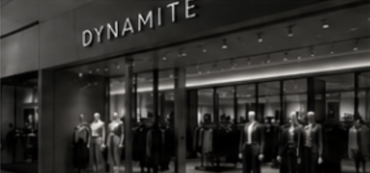 Storefront with the sign 'DYNAMITE' and mannequins displaying clothing inside.