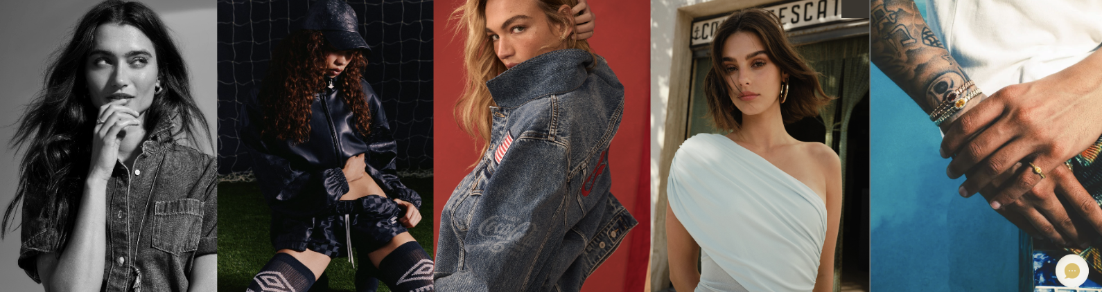 A collage of fashion photos featuring women and accessories. The first image is a black and white photo of a woman with long hair wearing a denim shirt. The second image shows a woman with curly hair in a sporty outfit, including a cap and jacket. The third image features a woman with blonde hair wearing a jean jacket with patches. The fourth image is of a woman with chin-length hair in a white off-shoulder dress. The fifth image is a close-up of a person's hands with tattoos, bracelets, and rings holding each other, taken outdoors.
