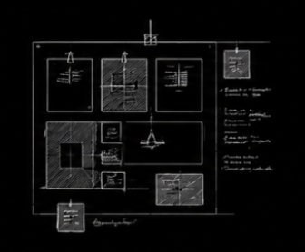 Technical blueprint of a building or architectural design with detailed drawings and annotations on a black background.