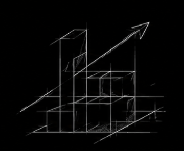 A 3D sketch of a bar graph with an upward arrow, representing growth or progress.