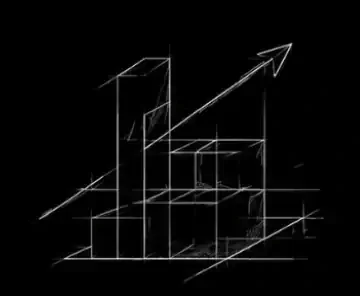 3D wireframe model of a bar chart with an upward arrow, on a black background.