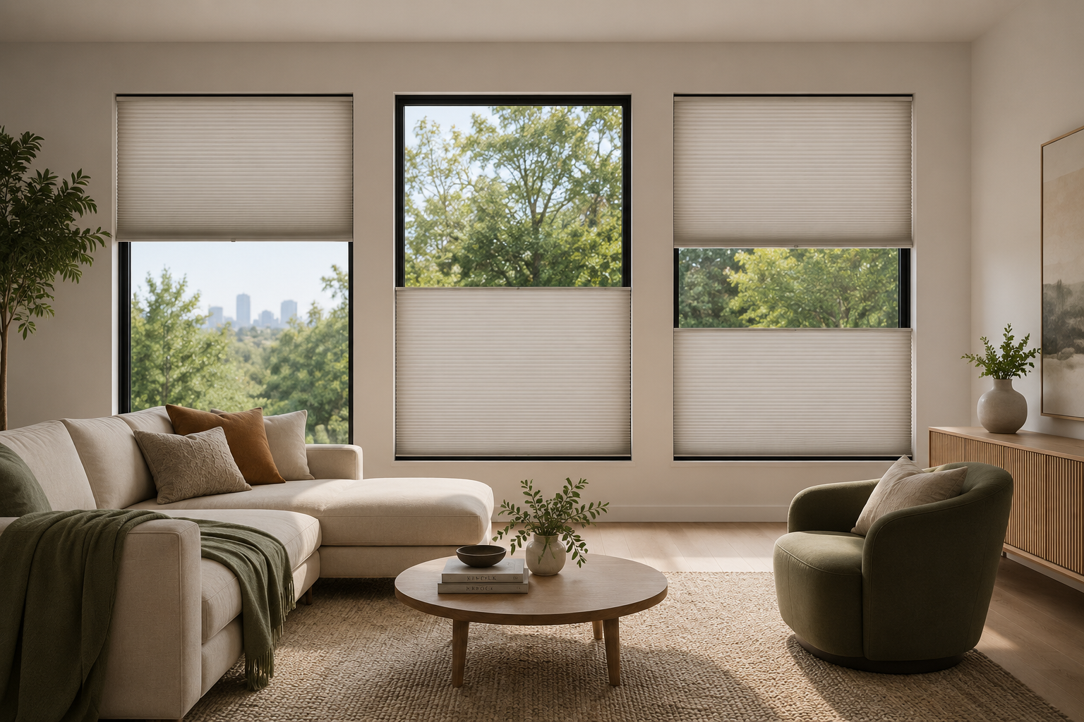 Living room with large windows, beige sectional sofa with pillows, green accent chair, round wooden coffee table with books and a vase of greenery, wooden sideboard with a potted plant, framed artwork on wall, neutral color scheme, natural light, view of trees and city skyline outside.