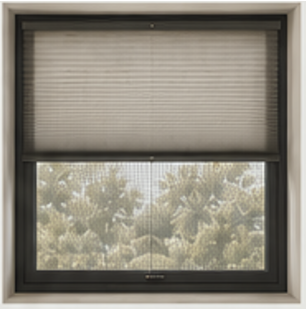 A window with a partially raised beige roller shade, through which leafy trees are visible.