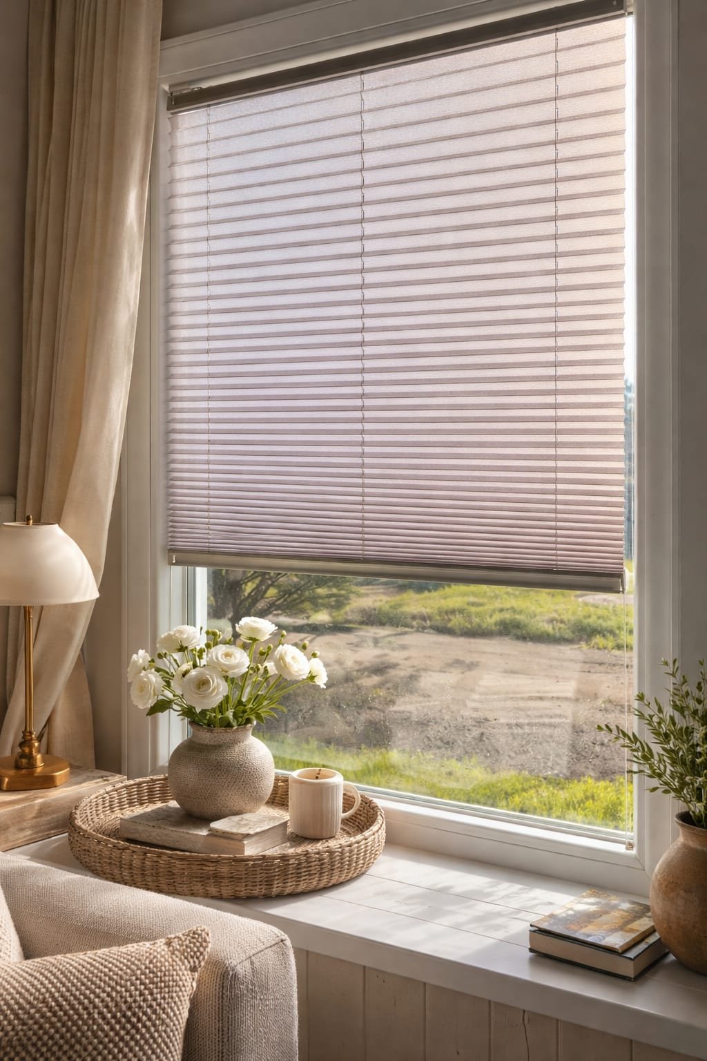 Sunlight filters through closed beige window blinds in a cozy living room, with a white windowsill holding a vase of white flowers, a candle, a book, and a small potted plant.